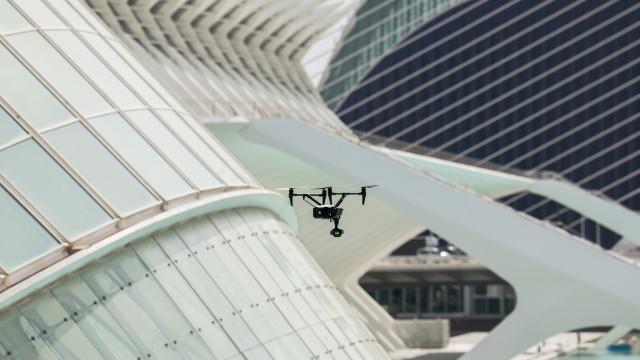 A drone flies during the shooting of the second season of Star Wars series Andor at the Arts ans Science City of Valencia, Spain, 24 March 2023. EPABiel Alino